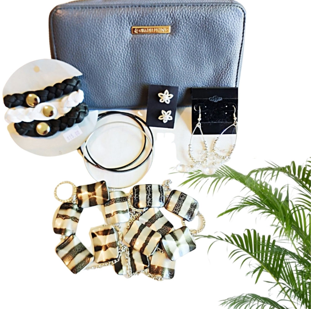 ORA DELPHINE Zip Around Pebbled Leather Walletand Jewelry Bundles